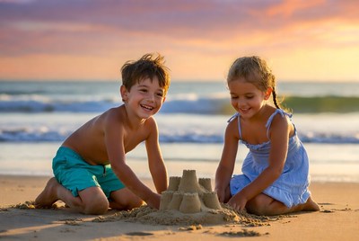 Boy and girl building sandcastle on beach
