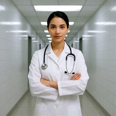 Asian female doctor in hospital corridor
