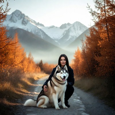 Woman with Husky in autumn mountains