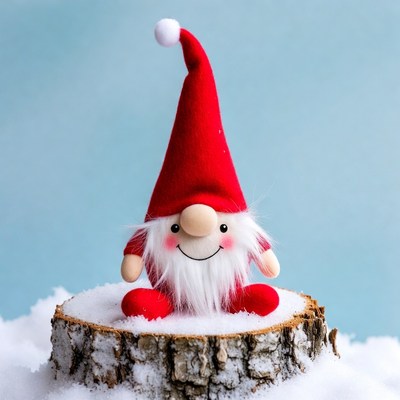 Smiling Gnome on Snowy Stump