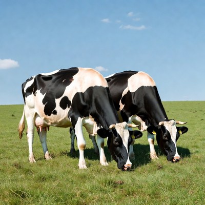 Two Holstein cows grazing in green field