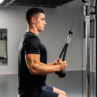 Muscular man doing cable tricep pushdown