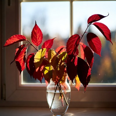 Red Autumn Leaves in Glass Vase