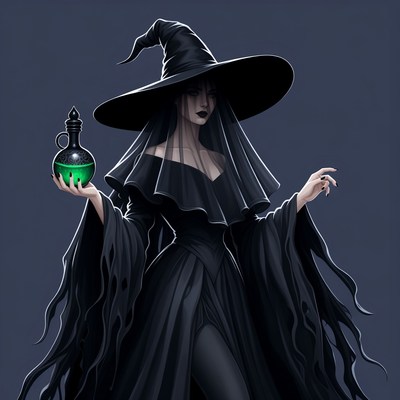 Witch holding green potion bottle