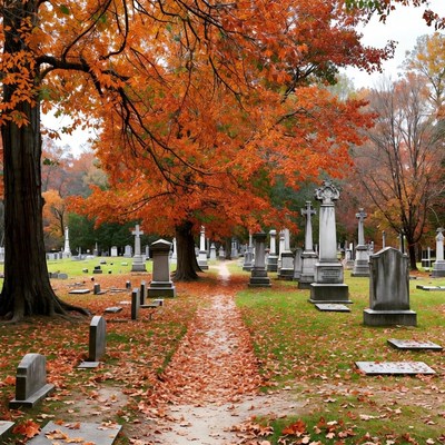 Autumn Path in Cemetery with Gravestones
