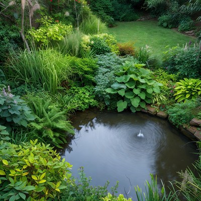 Garden Pond with Fountain and Lush Plants