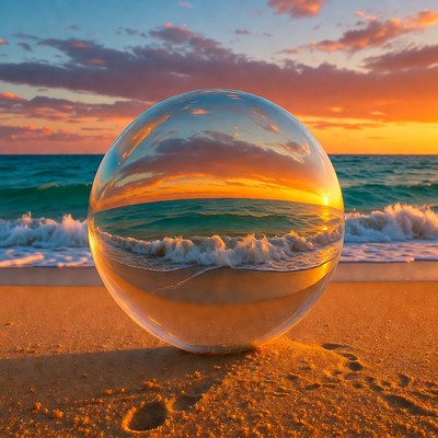 Glass Sphere Reflecting Beach Sunset