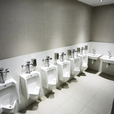 Row of white urinals in men's restroom