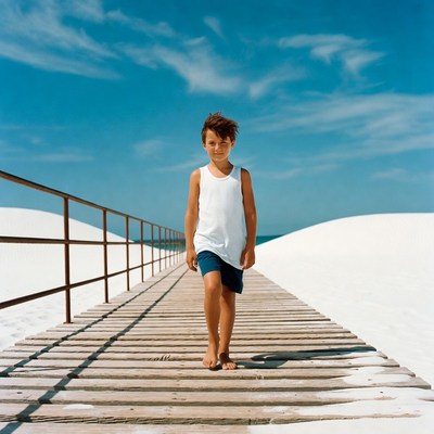 Boy walking barefoot on beach boardwalk