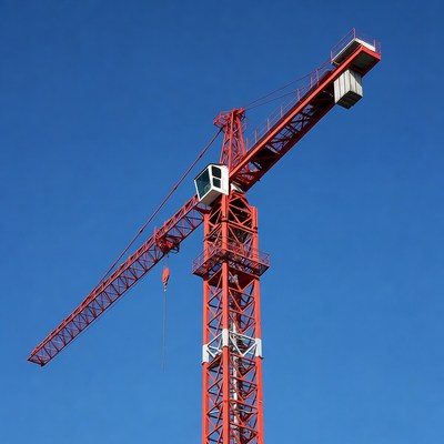 Red Tower Crane Against Blue Sky