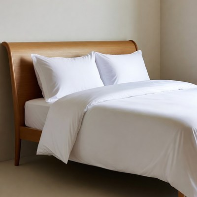 White Bedding on Wooden Bed Frame
