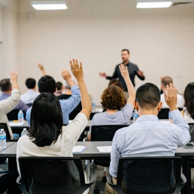 Students raising hands in classroom