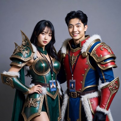 Asian couple in green and red cosplay armor