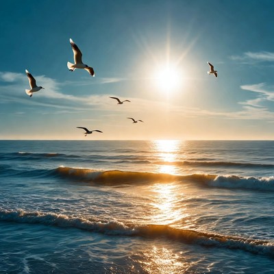 Seagulls flying over sunset ocean