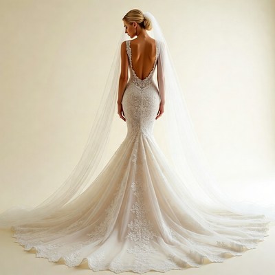 Bride in backless mermaid wedding gown