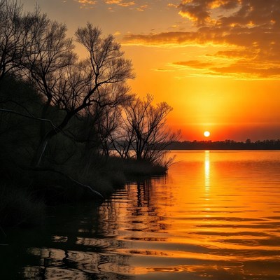 Sunset over lake with bare trees