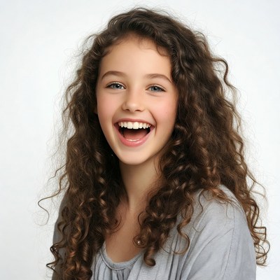 Curly-haired girl smiling on white background