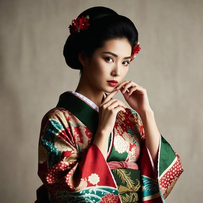 Asian woman in red kimono