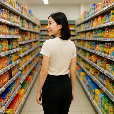 Asian woman shopping in supermarket aisle