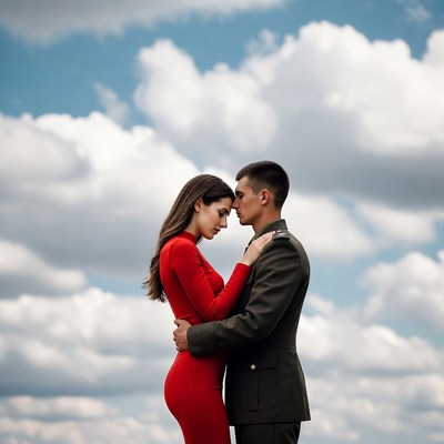 Soldier embracing woman against cloudy sky