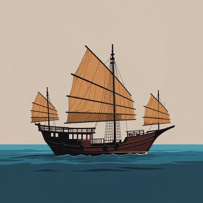 Chinese Junk Ship Sailing on Sea