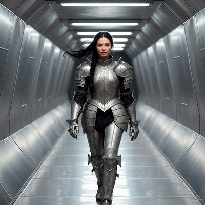 Woman in silver armor walking corridor