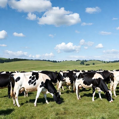 Herd of cows grazing green pasture