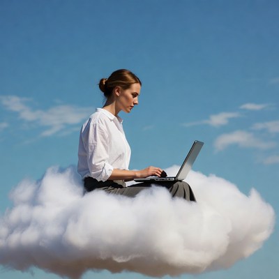 Woman working on laptop on cloud
