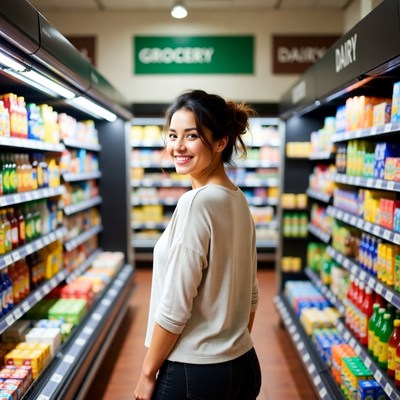 Smiling Latina woman in grocery aisle
