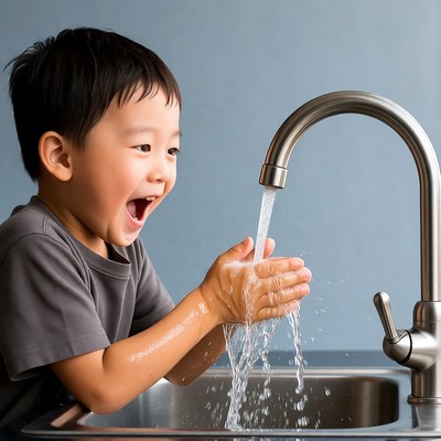 Asian boy washing hands at sink