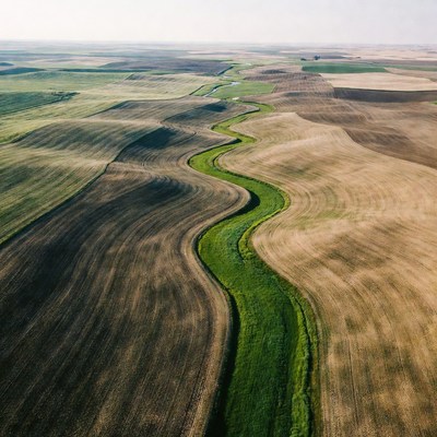 Aerial view of winding river through farmland