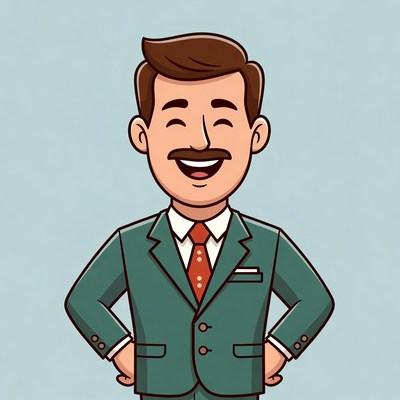 Cartoon man in green suit smiling
