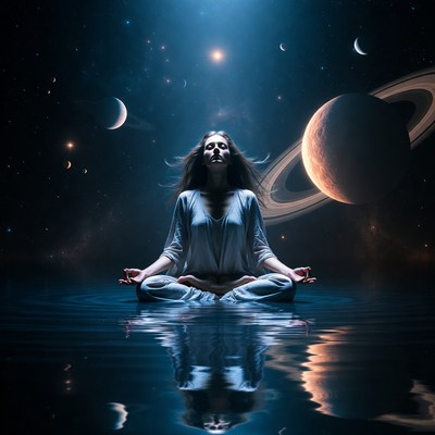 Woman meditating in cosmic space