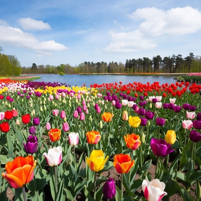 Colorful Tulip Fields by Blue Lake