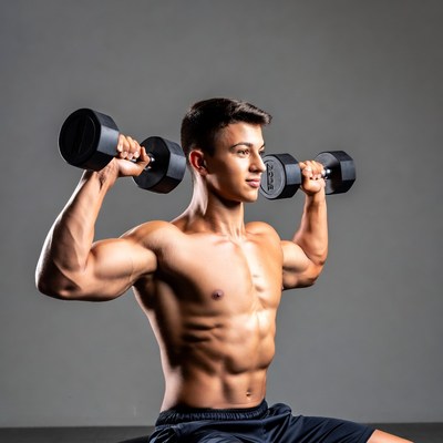 Muscular young man lifting dumbbells