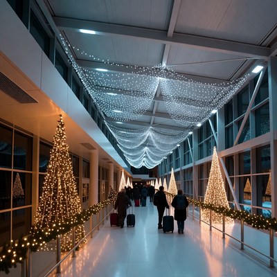 Christmas-lit airport walkway with travelers