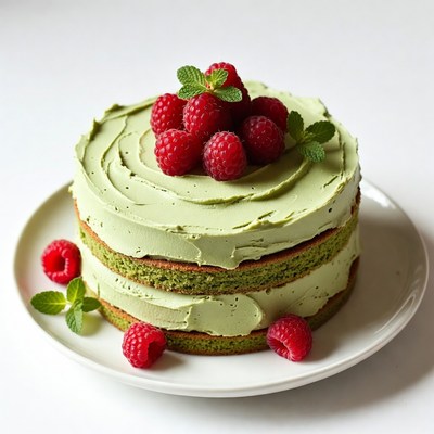 Green Frosted Cake with Raspberries