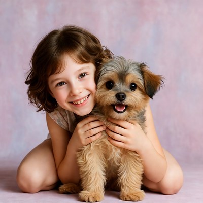 Girl hugging cute Yorkie puppy