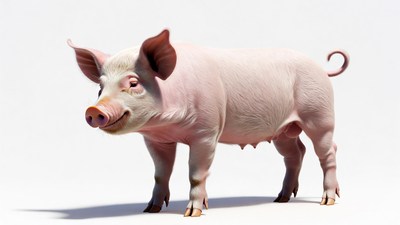 Pink pig standing on white background