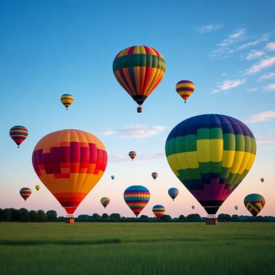Colorful Hot Air Balloons Over Green Field