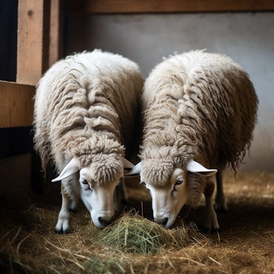 Two sheep eating hay