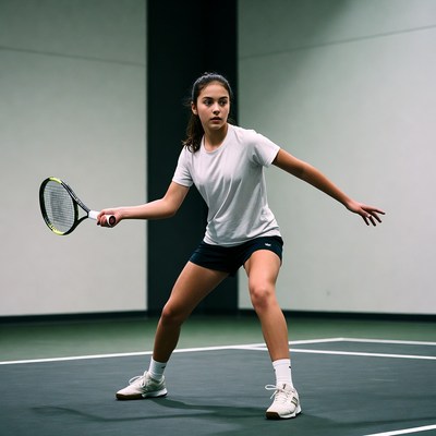 Teen girl playing tennis indoors