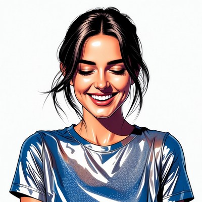 Smiling woman in shiny blue top