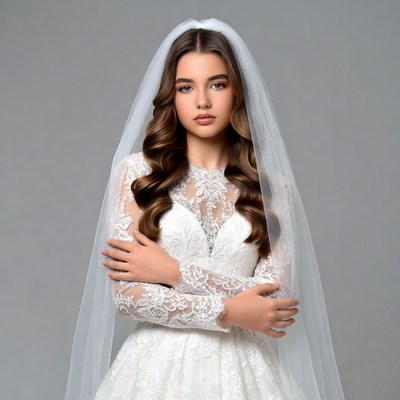 Bride in lace wedding gown with veil