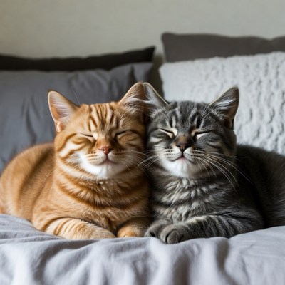 Orange and Gray Kittens Cuddling on Bed