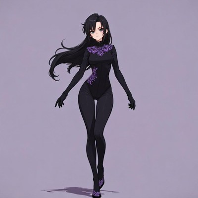 Anime girl in purple bodysuit walking