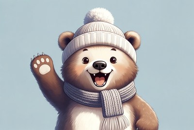 Cute bear waving in winter hat