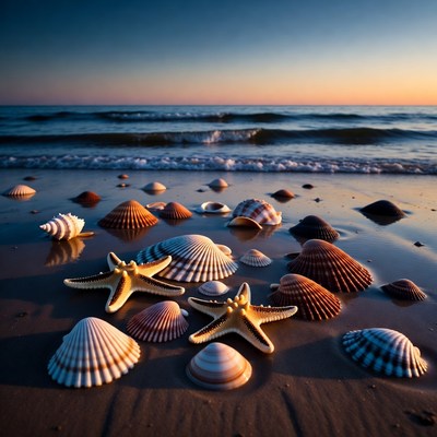 Seashells and Starfish on Beach at Sunset