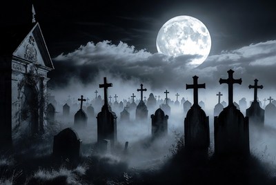 Spooky Cemetery Full Moon Night