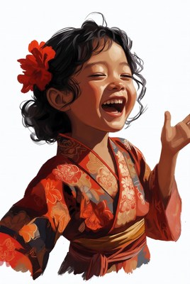 Asian girl laughing in red kimono
